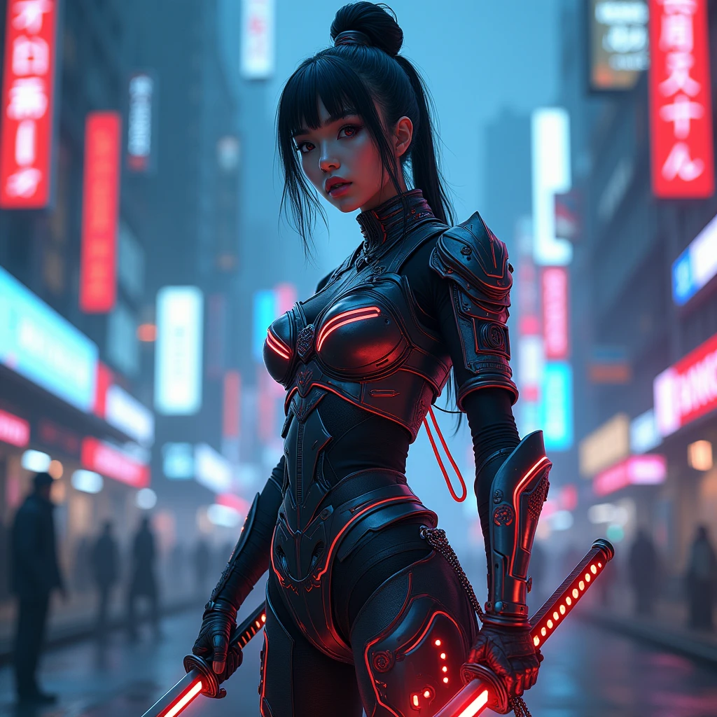 A beautiful modern-day female samurai in a cyberpunk city, holding a (((neon-lit katana sword:2))),and wearing(((armor that glows with electric energy:2))),(((cybernetic enhancements:1.6))),(ethereal fantasy concept art) . painterly, epic, majestic, cover art, best quality, realistic render, unreal engine, lifelike, hyperrealistic, highly detailed, 8 K, hyper detailed, insane details,