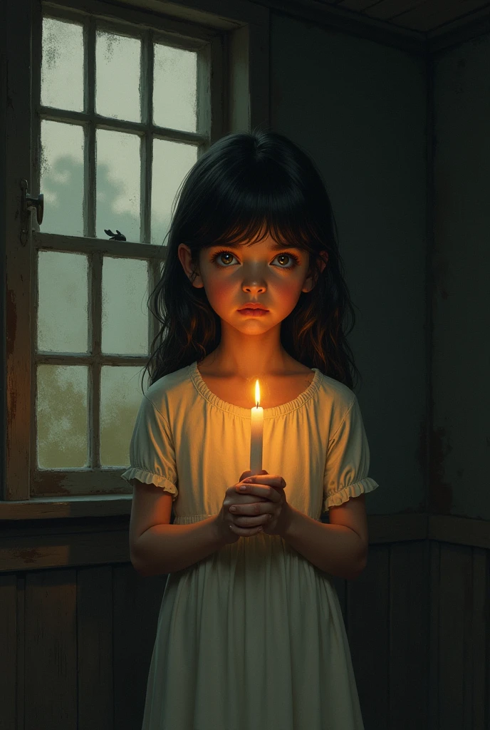 create the image of a real girl , with a lit candle in hand , inside an old and humble house , facing the window ... she should have a closed face , and showing a certain fear