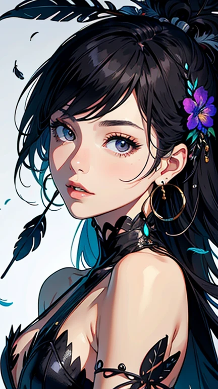 Small breasts, Expose your shoulders, short hair, Brown Hair, colored feather, metal ornaments, colored Flowers, particle, Light, (masterpiece, Highest quality, Official Art, beautifully、beautiful: 1.2), (1 person: 1.3), Very detailed, (Fractal Art: 1.1), (Black gradient: 1.1) (Flowers: 1.3), Best details, (Tangled: 1.2), (Dynamic pose), (Abstract background: 1.3) , (Glowing Skin), (Black gradient: 1.4), (Earrings: 1.4), (feather: 1.4)、((White Background))、((Blank Background))、