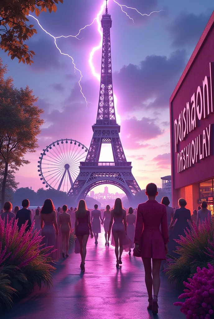 Paris, Effiel Tower in the center, Sign on the right side that says "Fashion Models", colorful flowers around. a bolt of lightning in the sky and a Ferris wheel in the background. purple tones