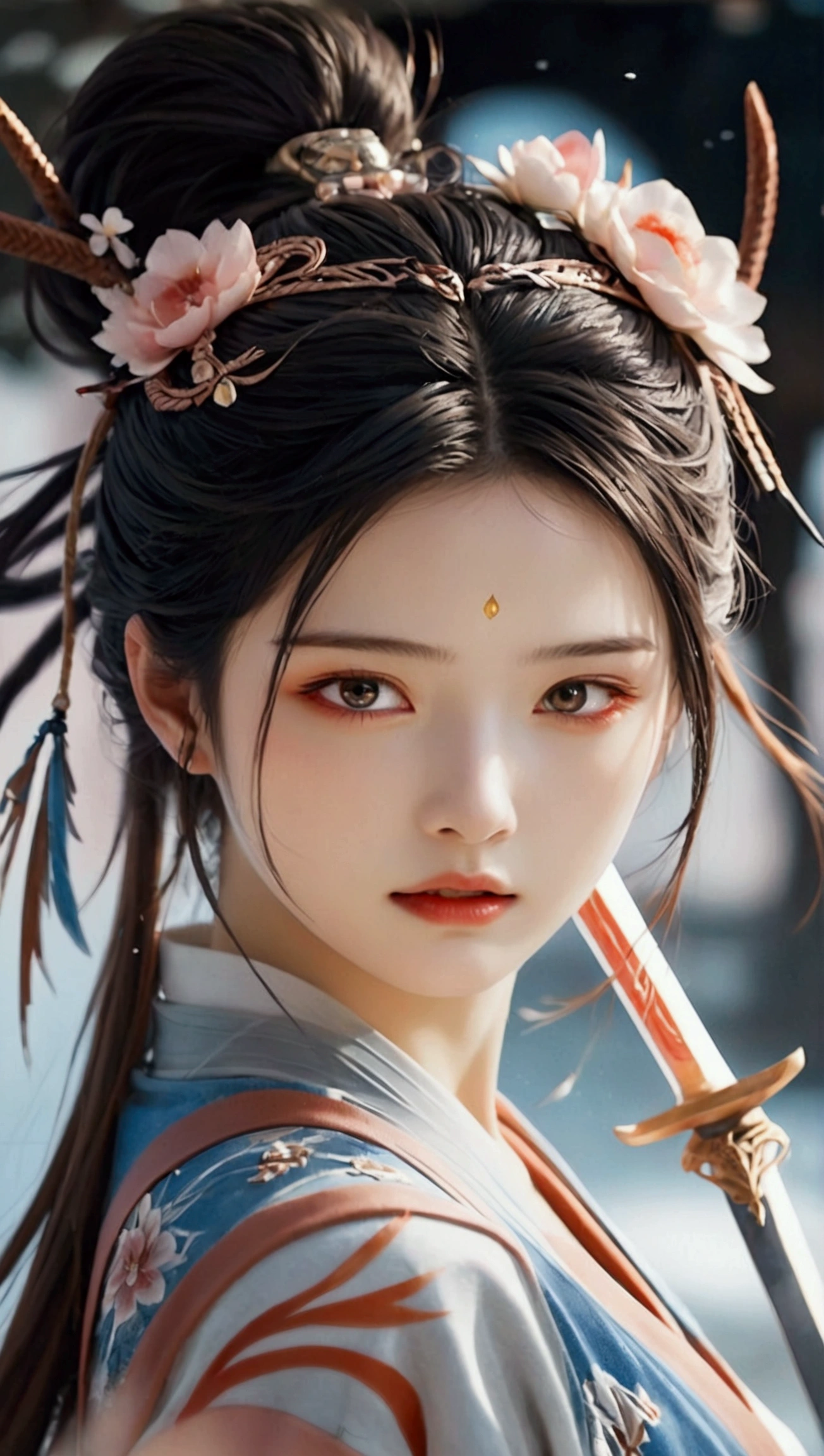 (Japanese sword &reference;Muramasa 2&reference;.2)Beautiful 27 year old woman、Japanese women、Tie your hair back、Hair ornament artist、Shinobi Costume、Warrior、Clear Eyes、{Arm tattoo(SakuraFubuki}&#39;Back Tattoo、Warrior、(Japanese swordを両手で構える、1.3)(Japanese sword1.2)Intermediate position、In front of the body、(Hold the sword horizontally 1.3)、whole body、Long Blade Sword、Realistic battle scenes、敵Warriorの返りBlood、Blood、High resolution、Highest quality、Very detailed、8k、background、The castle is burning、Sparks fly、