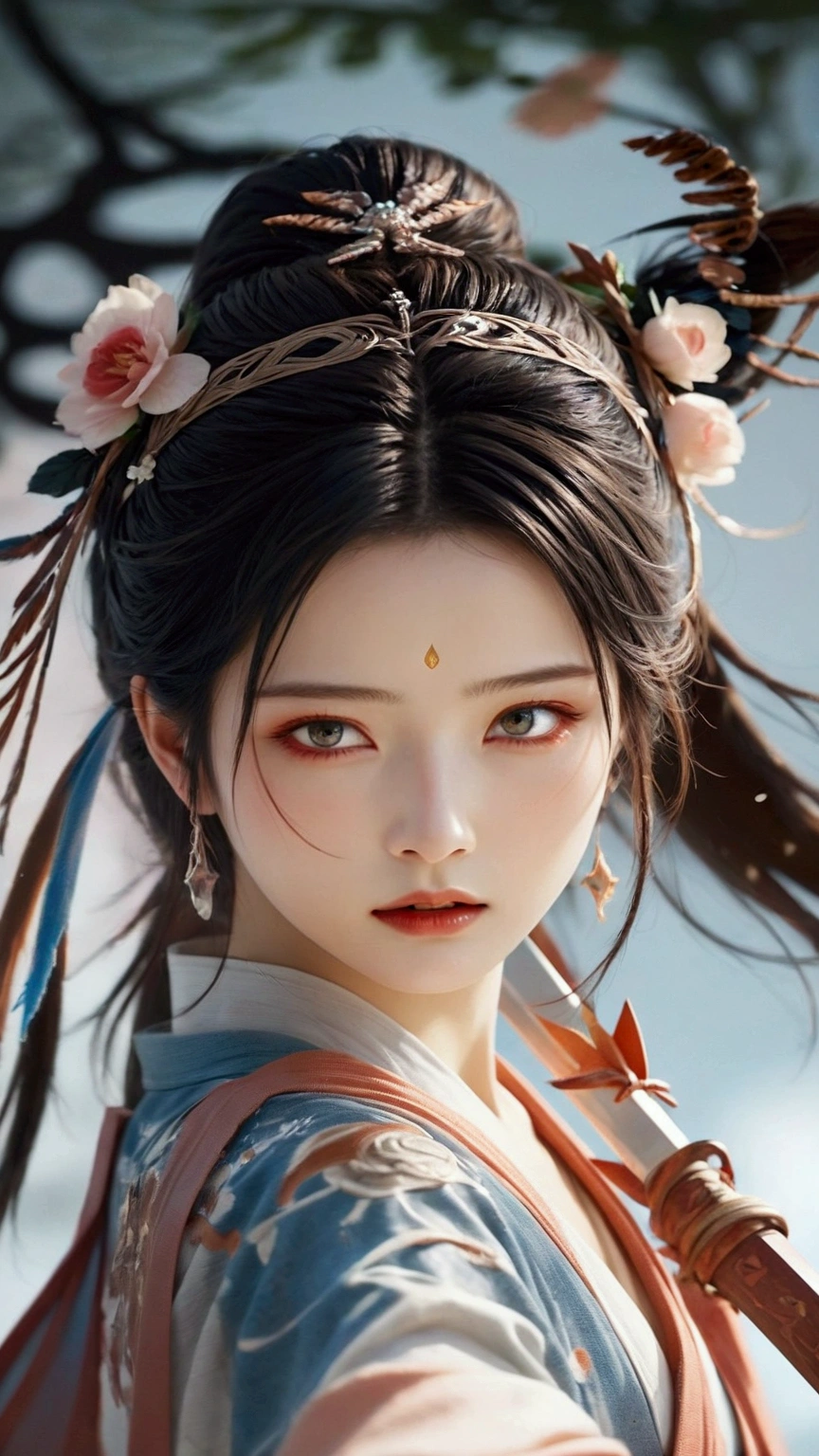 (Japanese sword &reference;Muramasa 2&reference;.2)Beautiful 27 year old woman、Japanese women、Tie your hair back、Hair ornament artist、Shinobi Costume、Warrior、Clear Eyes、{Arm tattoo(SakuraFubuki}'Back Tattoo、Warrior、(Japanese swordを両手で構える、1.3)(Japanese sword1.2)Intermediate position、In front of the body、(Hold the sword horizontally 1.3)、whole body、Long Blade Sword、Realistic battle scenes、敵Warriorの返りBlood、Blood、High resolution、Highest quality、Very detailed、8k、background、The castle is burning、Sparks fly、
