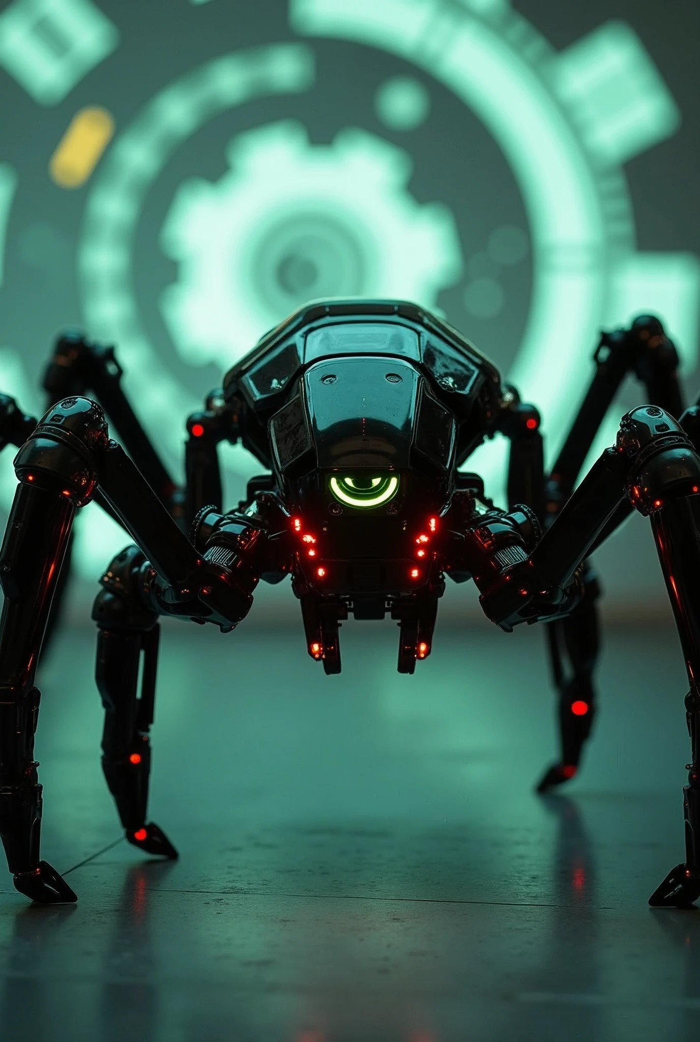 The image features a robotic spider, a piece of artificial intelligence designed to navigate and interact within a high-tech environment. Its design is reminiscent of a futuristic cybernetic organism, equipped with glowing green eyes and a series of red lights that suggest power and activity. The spider's legs are sturdy and articulated, suggesting a capability for complex movement and manipulation. The background includes a projection of a gear-like structure, which may indicate the nature of the spider's programming or its intended function in a mechanical or industrial setting. The overall impression is one of advanced technology and a blend of organic and synthetic design.