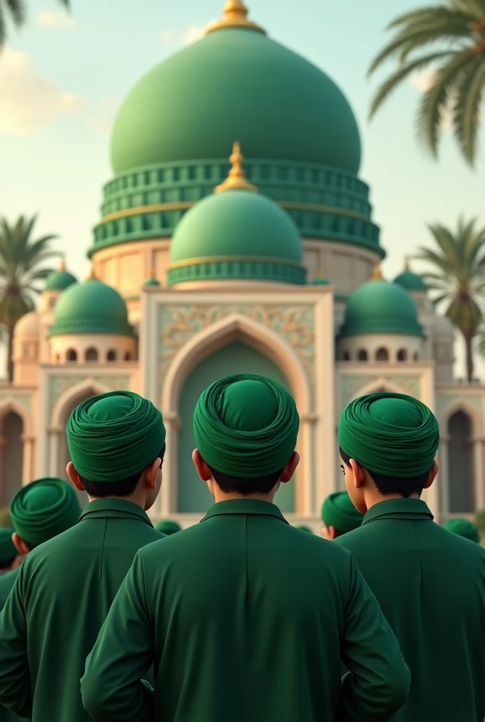 Islamic boys with green turbans infornt of green dome 