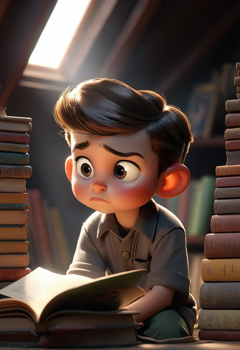 a small boy, books, attic, 1960s america, dim lighting, secret place, nostalgic, professional camera, professional lighting, high quality, 8k, photorealistic, intricate details, warm tones, soft focus, cinematic, dramatic lighting, moody atmosphere