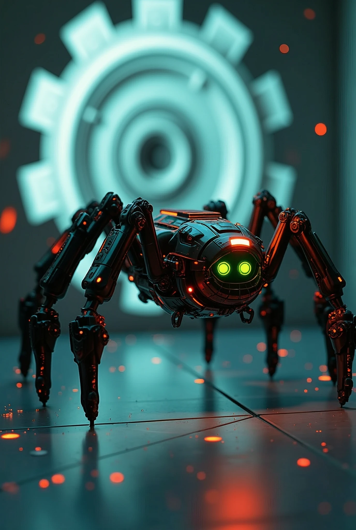 The image features a robotic spider, a piece of artificial intelligence designed to navigate and interact within a high-tech environment. Its design is reminiscent of a futuristic cybernetic organism, equipped with glowing green eyes and a series of red lights that suggest power and activity. The spider's legs are sturdy and articulated, suggesting a capability for complex movement and manipulation. The background includes a projection of a gear-like structure, which may indicate the nature of the spider's programming or its intended function in a mechanical or industrial setting. The overall impression is one of advanced technology and a blend of organic and synthetic design.