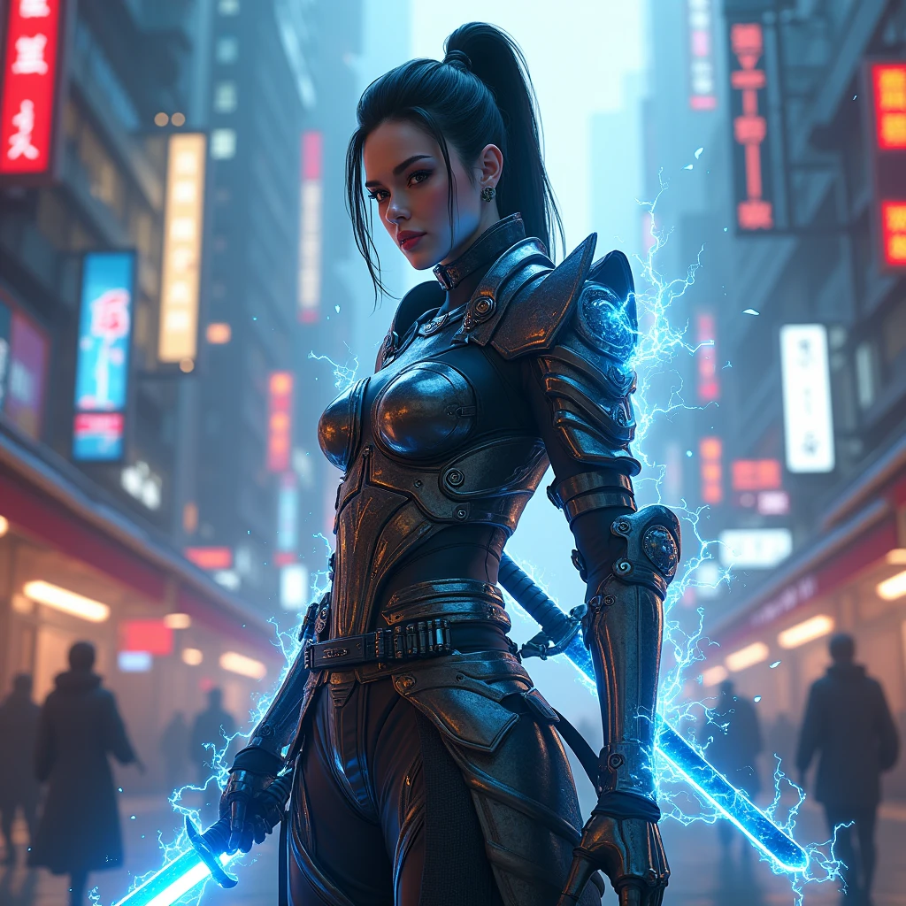 A beautiful modern-day female samurai in a cyberpunk city, holding a (((neon-lit katana sword:2))),and wearing(((armor that glows with electric energy:2))),(((cybernetic enhancements:1.6))),(ethereal fantasy concept art) . painterly, epic, majestic, cover art, best quality, realistic render, unreal engine, lifelike, hyperrealistic, highly detailed, 8 K, hyper detailed, insane details,