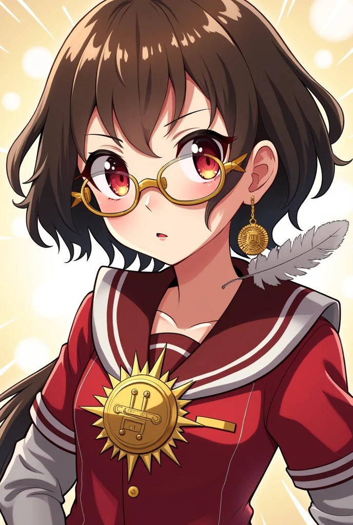 My Hero Academia, white girl, short, thick lips, beige colored glasses, brown hair, mole next to the mouth, feather earring, Aztec sun necklace, red eyes UA uniform