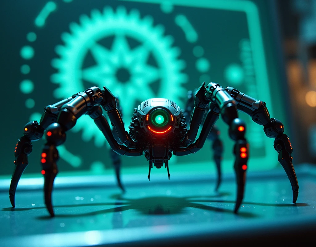 A robotic spider, 'Cybernetic Arachnid', perched on a sleek metallic surface, illuminated by dim blue lighting that highlights its intricate, glowing green eyes and vibrant red power indicators. The spider's articulated legs are posed in a dynamic stance, as if mid-movement or manipulation of the gear-like projection behind it, which appears to be a blueprint or schematics for a mechanical device. The overall composition is one of futuristic technology meets organic design, with the robotic spider situated at the intersection of human and machine.