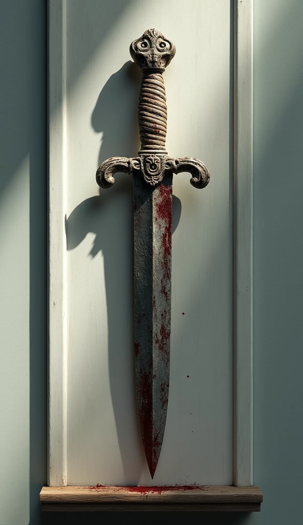 An old dagger stained with blood hanging on a modern shelf