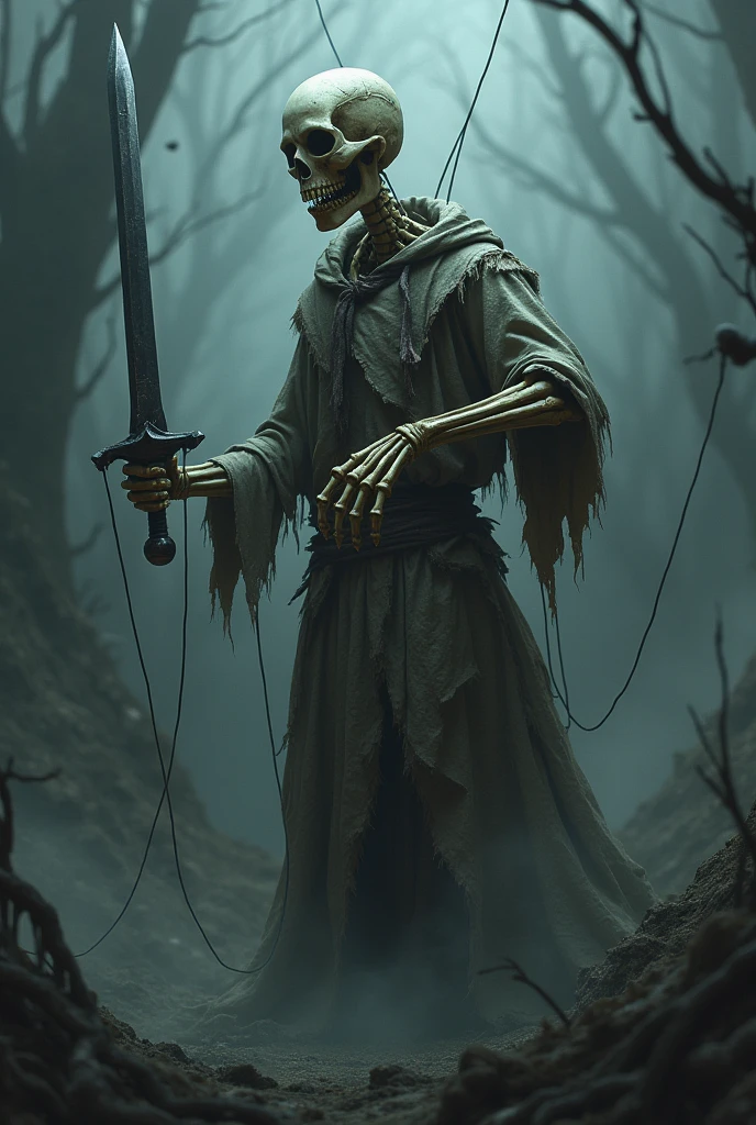 A skeletal puppet wielding a sword