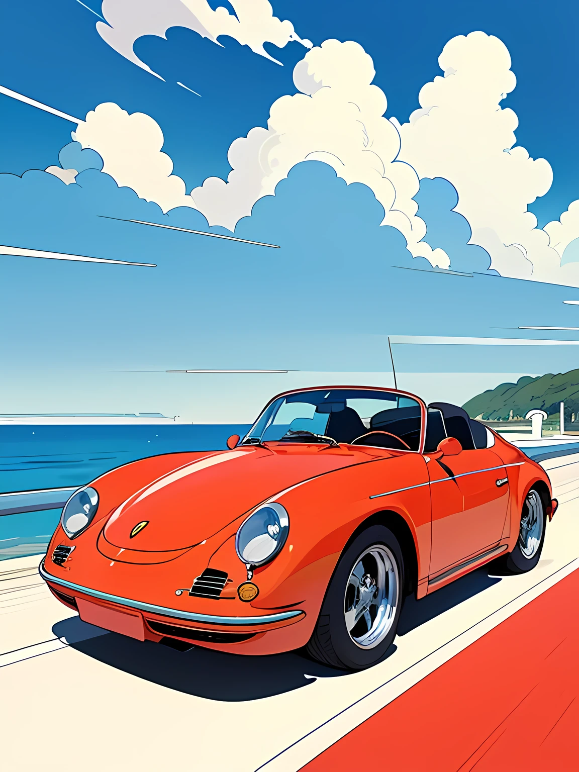 Graphic design, Drawn with clear lines, HIROSHI NAGAI art style, Blue sky and white clouds, (line art:1.2), Ligne Claire, Flowing Thick lines, Red Porsche 356 Speedster, Minimalist Geometry, fine line drawing, Illustration, Vivid highly saturated colors, Summer Scenery