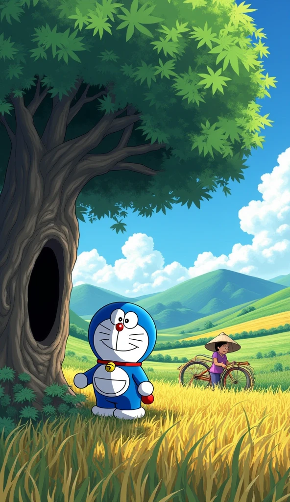 Doraemon stands under a large tree, next to a black hole.
The scene from afar shows a farmer harvesting ripe rice.