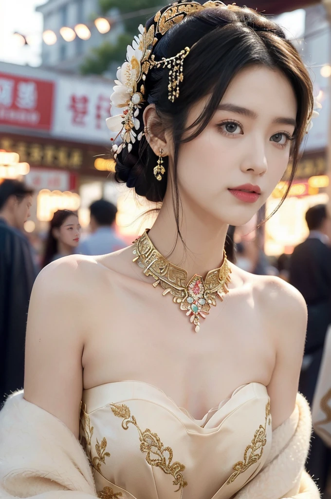 (((best quality))),(((ultra detailed))),(((masterpiece))),illustration, ((1 beautiful young girl,solo)),(bun hair:1.2)((slim,thin)),((small breasts,flat chest)),attractive, traditional Chinese attire,(Gorgeous and intricate headdress:1.3),((earrings,intricate necklace)),(strapless Exquisite embroidered sparkled bra:1.3),vibrant patterns, radiant complexion, joyful expression,(temple fair:1.3), bustling atmosphere, summer afternoon, sunny weather, cultural festival, street food, roasted skewers, steaming dumplings, sweet cotton candy, stalls, crafts, clothing, appreciative onlookers, sunset, ancient tradition, modern beauty, captivating scene, enchanting,(day scene:1.2),(surrounded by crowded crowds:1.3),((from front,close-up of face))
