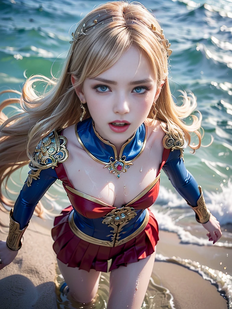 (((masterpiece, best quality))), (((high quality))), (((high resolution illustration))), (((hyper detail))),NSFW, (((Wordsworth's Sharon))),(((Very beautiful long blonde hair))), (((Very beautiful face))), ((((Detailed face)))),(((very beautiful blue eyes))),(((Realistic Skin))),(((her face is flushed))),(((slim body))),(((slim thighs))),(((small breasts))),(((very beautiful slender legs))),(((gold and blue and red armor with extremely detailed and intricate decoration))),(((beautiful earrings))),(((beautiful hair ornaments))),(((in the sea at the very beautiful beach))),(((wet her skin))),(((1girl))),(((1boy))),(((very angry))),(((a girl is walking with a boy ))),(((from above)))