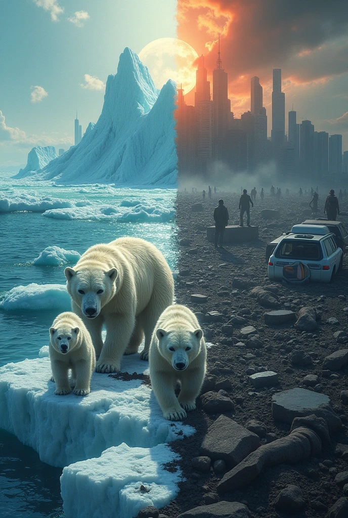 An artistic representation of global warming’s impact, featuring a split scene. One side shows a melting glacier with polar bears struggling to find ice, while the other side depicts a city experiencing extreme heatwaves and rising sea levels. The contrast emphasizes the urgent need for action, 32K, extreme highly detail