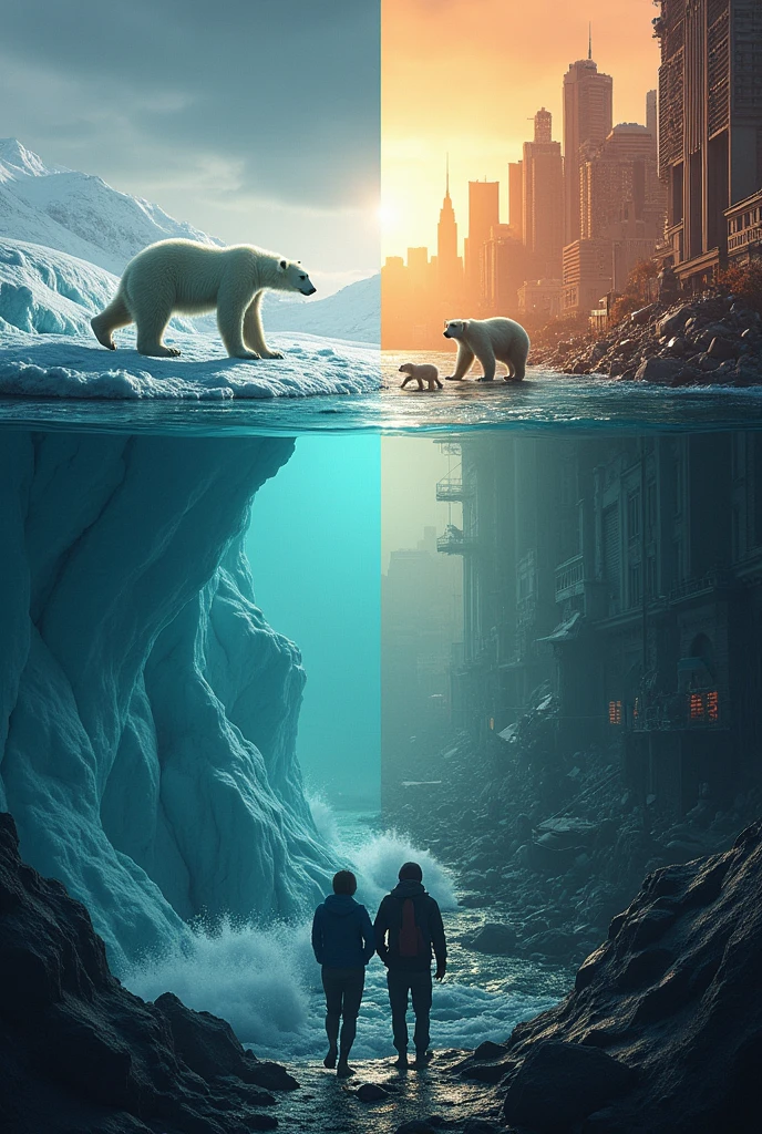 An artistic representation of global warming’s impact, featuring a split scene. One side shows a melting glacier with polar bears struggling to find ice, while the other side depicts a city experiencing extreme heatwaves and rising sea levels. The contrast emphasizes the urgent need for action, 32K, extreme highly detail