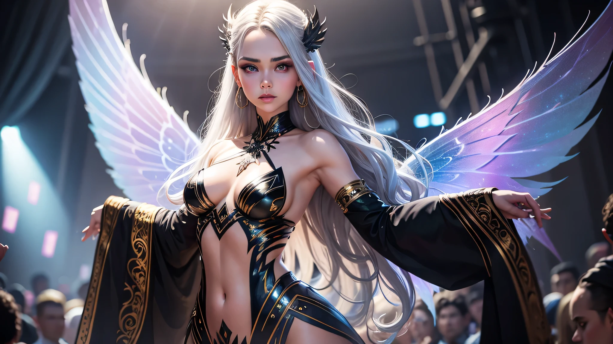 1 girl,Metallic wings,faerie, Crystal,jewelry,Dance, Depth of field,best qualityer, ultra detail, work of art, wall-paper, lo fashion, winter, neve, neve scene, snowflake, lipstick, tall girl, black light, Tyndall effect, 1 girl, standing alone, dynamic pose, Watch the audience, shining skin, (hair loss), Cramped, self help, necklase, jewerly, gris, organizational address