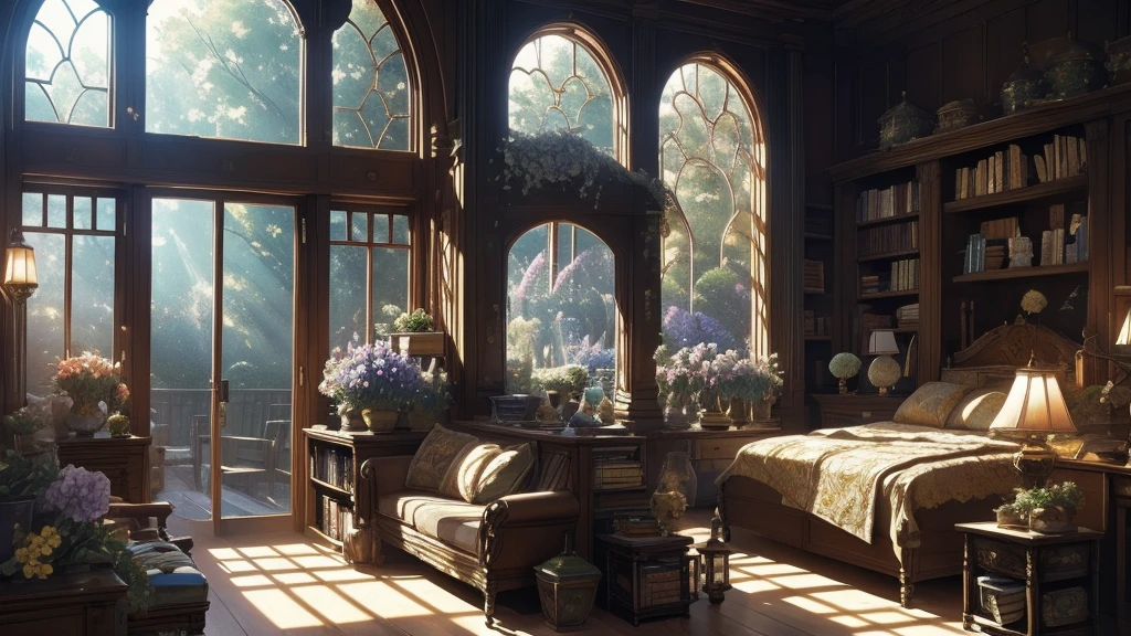 (masterpiece)),((Highest quality)),((High Detail)),nobody,background, fantasy, A room full of flowers, stage, lamp, flower bed, Bookshelf, Sunlight streams through the window,