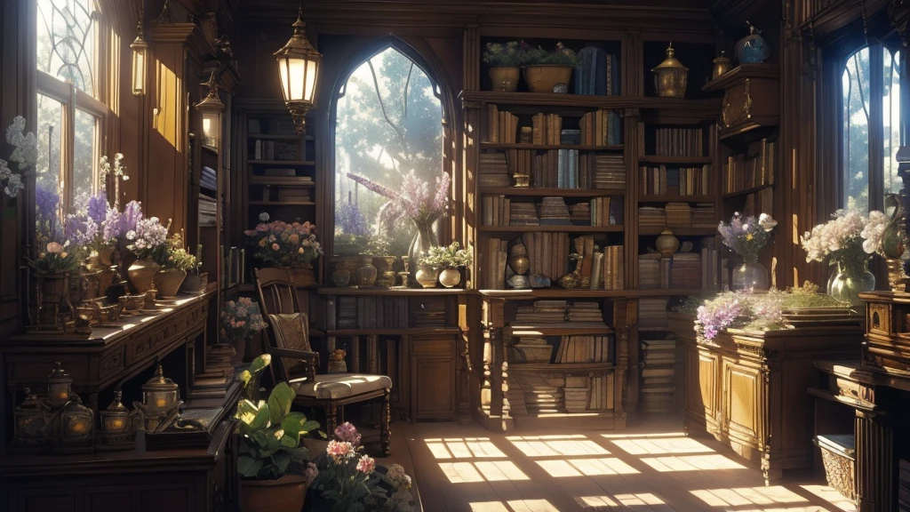 (masterpiece)),((Highest quality)),((High Detail)),nobody,background, fantasy, A room full of flowers, stage, lamp, flower bed, Bookshelf, Sunlight streams through the window,