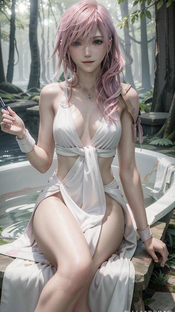 (masterpiece, Highest quality:1.3)
Lightning FF13,  One person, alone, Pink Hair, Completely naked、All Nude、Cover yourself with a bath towel、forest、spring、smile