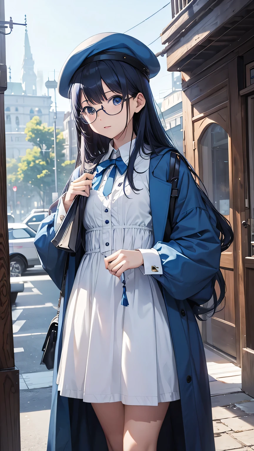Mysterious Writer、Blue Costume、Memorizing sentences、Writing、beret、Baggy clothes、Bird feather、White gown、Glasses