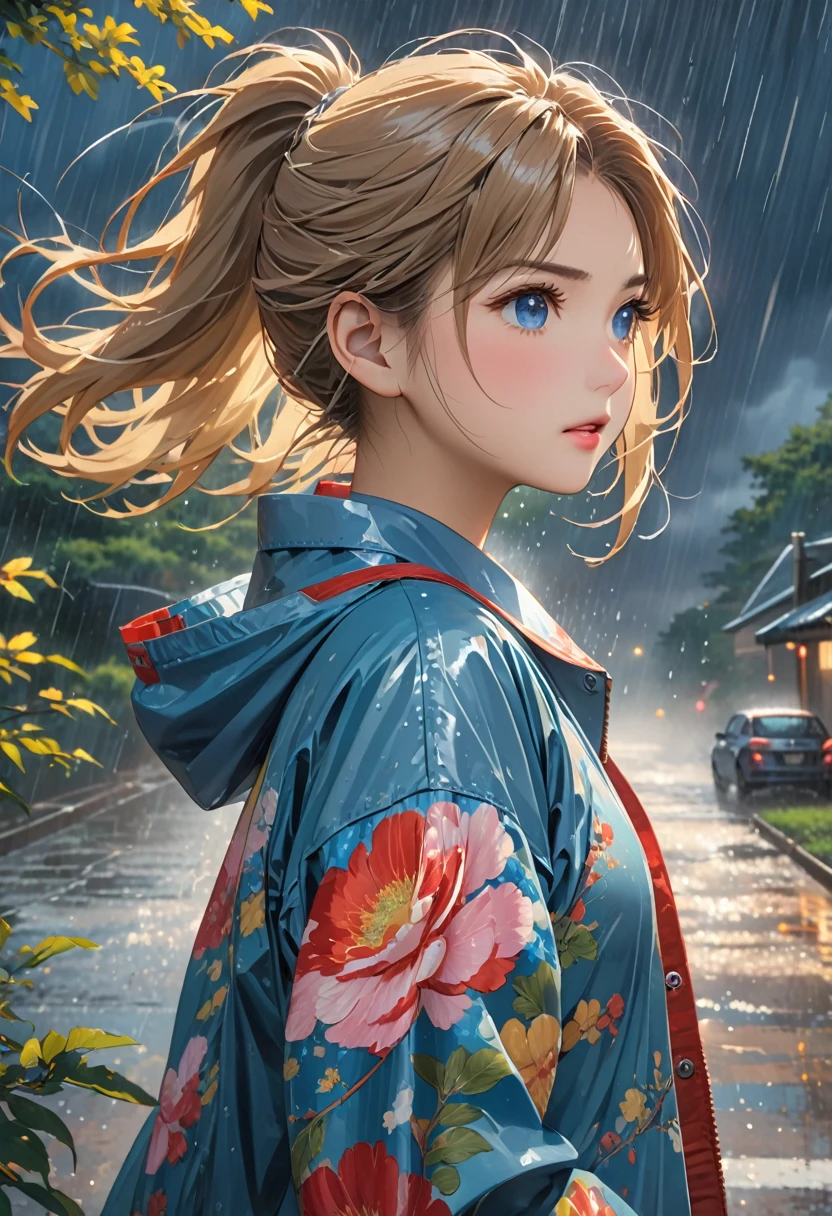 Highest quality、High resolution、Detailed Background、(Beautiful face in every detail:1.4)、age beauty、Anatomically correct、(Normal number of fingers:1.2)、Detailed eyes、Highly detailed face、Perfect body line、Light color hair、Bobcut、ponytail、cute髪型、well-groomed eyebrows、cute仕草、Natural beauty、typhoon、heavy rain、Very strong winds、
(typhoonの日、storm.:1.5)、
Black clouds cover the darkening sky、A strong wind is blowing、wood々The branches are shaking violently、
A girl desperately trying to move forward、Wearing a light jacket and holding her hair down, she is walking with all her might.、She occasionally looks back with a worried expression.、
The girl's legs are about to get tangled up as the strong wind blows them.、The road is littered with fallen signs and leaves, creating a dangerous situation.、
The girl seems to be desperately walking through it, searching for something.、A girl desperately tries to move forward in the dark and raging nature.、少女の懸命な姿と猛威を振るうtyphoonの様子、cute