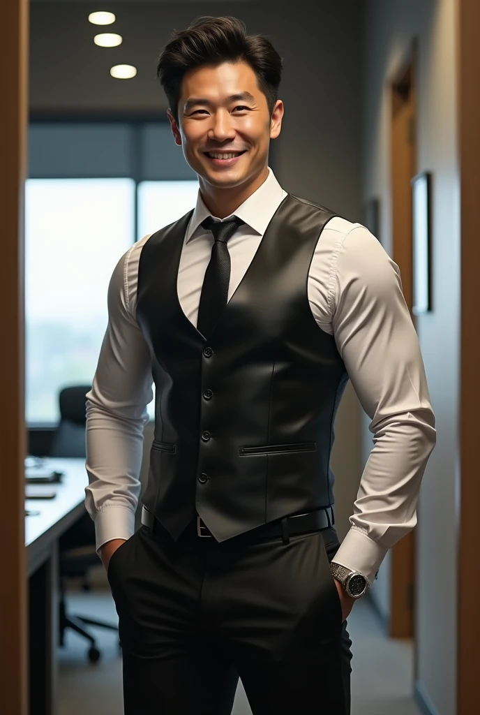 gentleman chinese-korean,30 years old, balance muscular , wet clothes,daddy, big bulge, black leather suit trousers, nice smile, horny, boss, office, thick, thick thighs, big chest, muscular chest, bulge, muscles, shirt and tie, dress shirt, formal shirt, mature, hd, realistic, At work, no jacket, black leather waistcoat, sexy shirt, taking a mirror selfie, shiny clothes, , fitted, belt, british, shiny white shirt