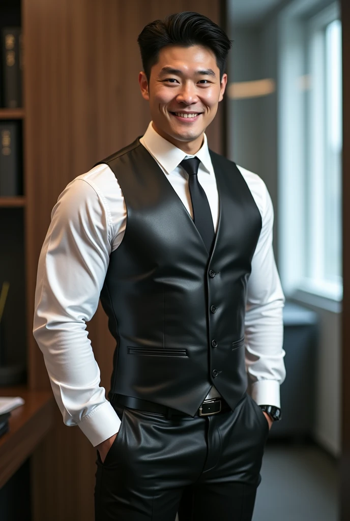 gentleman chinese-korean,30 years old, balance muscular , wet clothes,daddy, big bulge, black leather suit trousers, nice smile, , boss, office, thick, thick thighs, big chest, muscular chest, bulge, muscles, shirt and tie, dress shirt, formal shirt, matur realistic, At work, no jacket, black leather waistcoat, sexy shirt,king a mirror selfie, shiny clothes, , fitted, belt, british, shiny white shirt