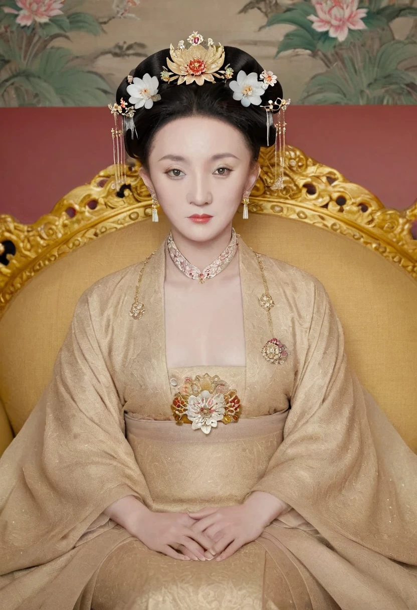 A full-body portrait of a Qing Dynasty Empress sitting naked on a large golden sofa in the palace., Empress of the Qing Dynasty, Wearing a large crown, She is completely naked, Showing off gorgeous large flowers and hairpins, She tied her hair up and pulled it up, 背景はEmpress of the Qing Dynastyの豪華な宮殿.