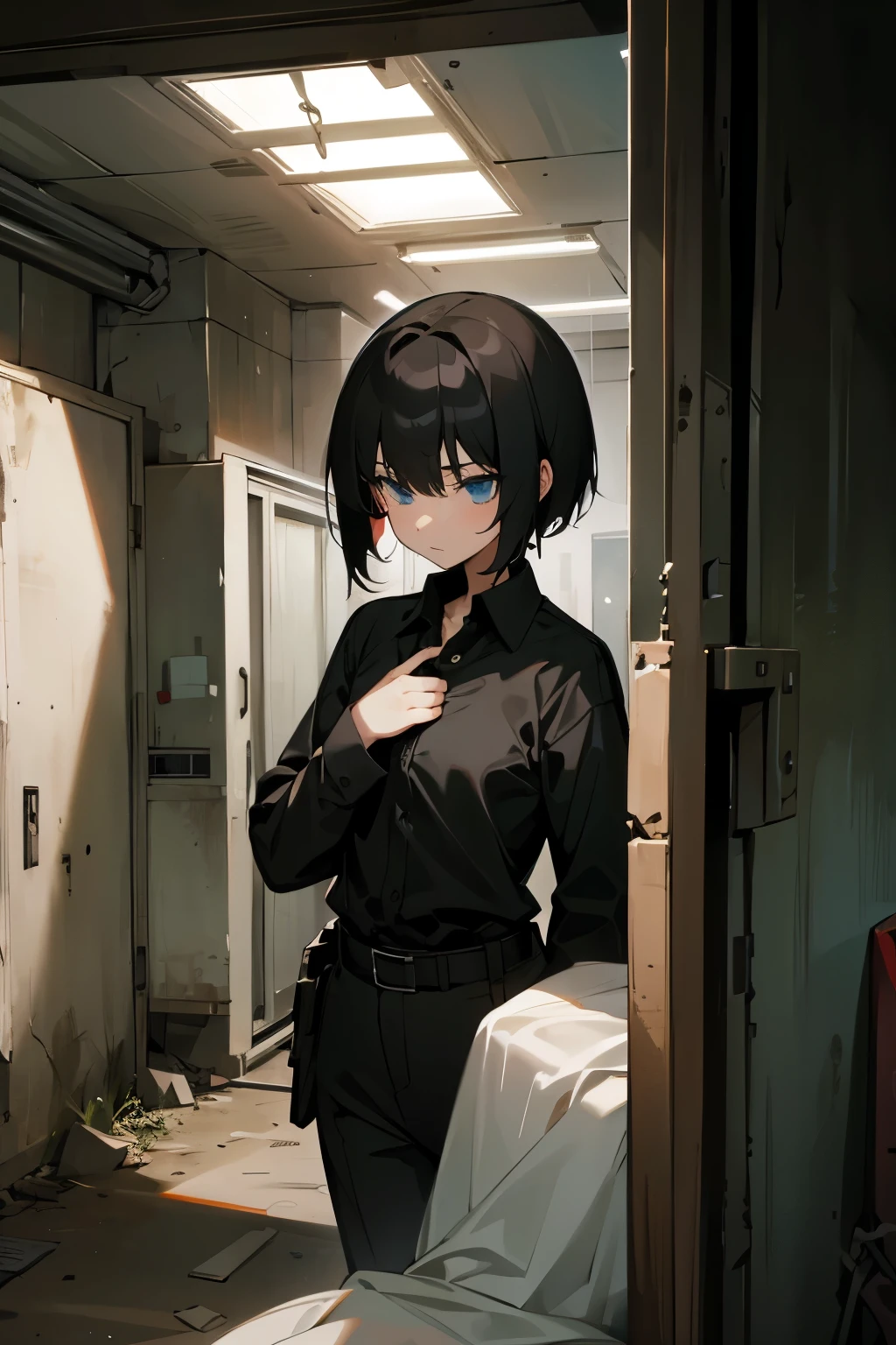 black shirt, Short hair, Inside the apocalypse shelter, tear, female