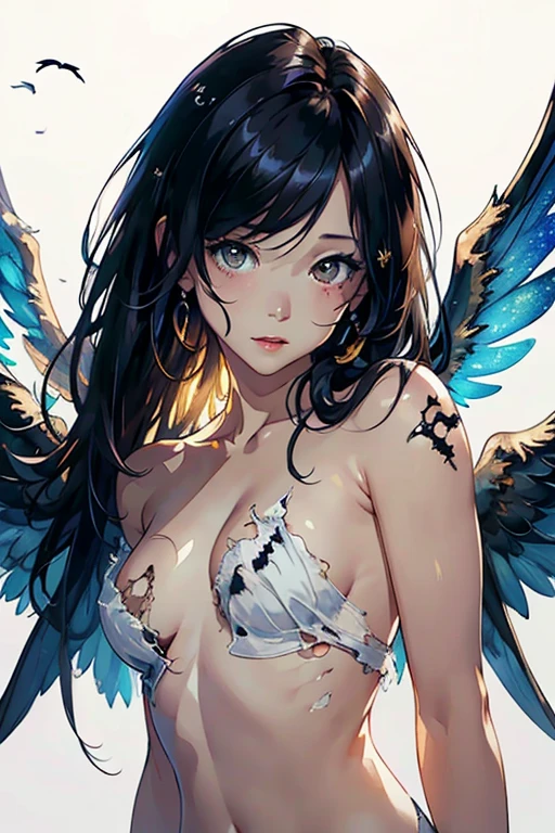 (Highest quality、High resolution、masterpiece)、(Realistic)、1 person、Angel with broken wings、(Tattered Wings:1.4)、sexy and cute、Tired look、Beautiful Face、 (Exquisite beautiful eyes)、(length)、Black Hair、 Beautiful Hair、Shiny Hair、Skin Texture、Moisturized Skin、Cinema Lighting、Realistic lighting、Backlight、Ray Tracing、(White Background)、(No background)、(Watercolor of singer Sargent)、