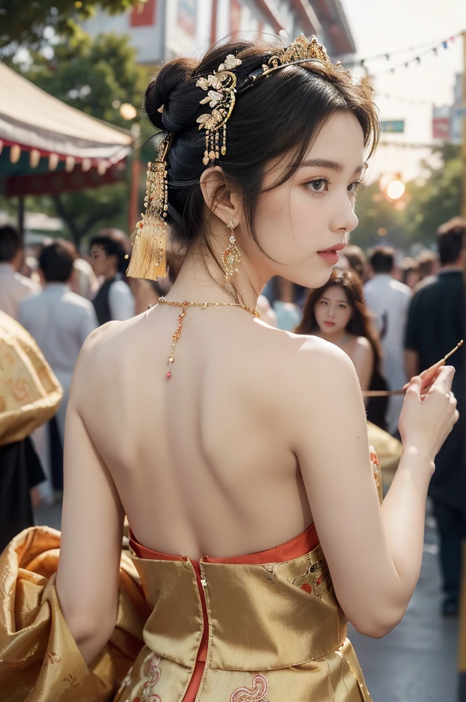 (((best quality))),(((ultra detailed))),(((masterpiece))),illustration,
((1 beautiful young girl,solo)),(bun hair:1.2)((slim,thin)),((small breasts,flat chest)),attractive, traditional Chinese attire,(Gorgeous and intricate headdress:1.3),((earrings,intricate necklace)),(strapless Exquisite embroidered maxi sleeveless sparkled dress:1.3),(standing:1.3),vibrant patterns, radiant complexion, joyful expression,(temple fair:1.3), bustling atmosphere, summer afternoon, sunny weather, cultural festival, street food, roasted skewers, steaming dumplings, sweet cotton candy, stalls, crafts, clothing, appreciative onlookers, sunset, ancient tradition, modern beauty, captivating scene, enchanting,(day scene:1.2),(surrounded by crowded crowds:1.3),((from back,upper body))