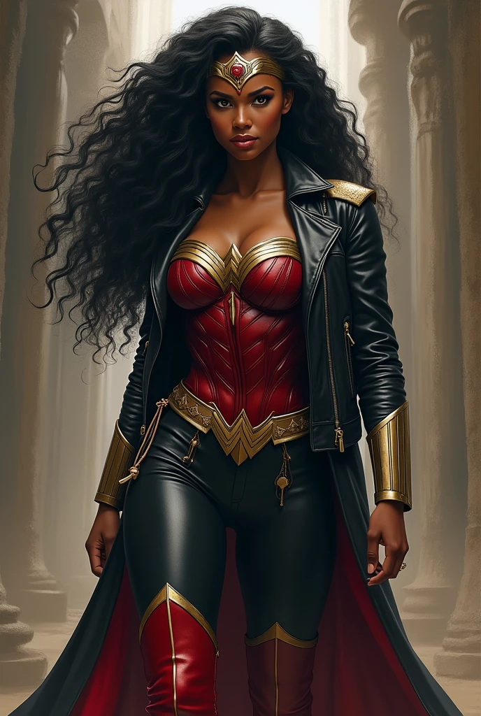 A beautiful black-skinned woman with black Afro Dreadlocks hair under the mantle of the Amazonian warrior Wonder Woman black leather jacket suit and red corset and black leather pants long red boots to the knees Diaema Wonder Woman on her forehead