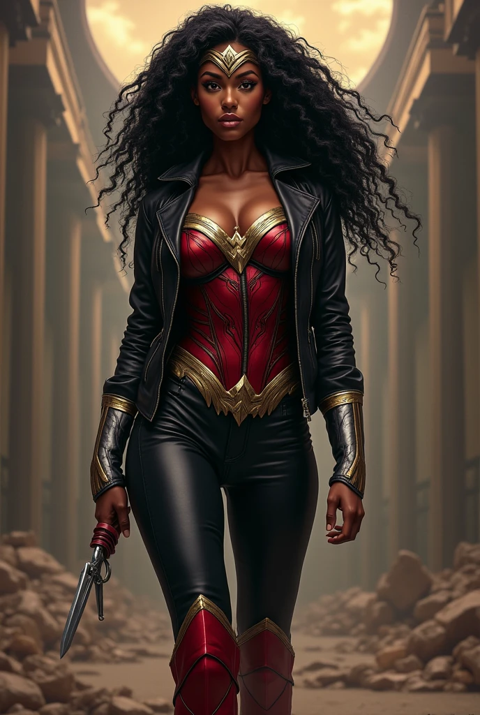 A beautiful black-skinned woman with black Afro Dreadlocks hair under the mantle of the Amazonian warrior Wonder Woman black leather jacket suit and red corset and black leather pants long red boots to the knees Diaema Wonder Woman on her forehead