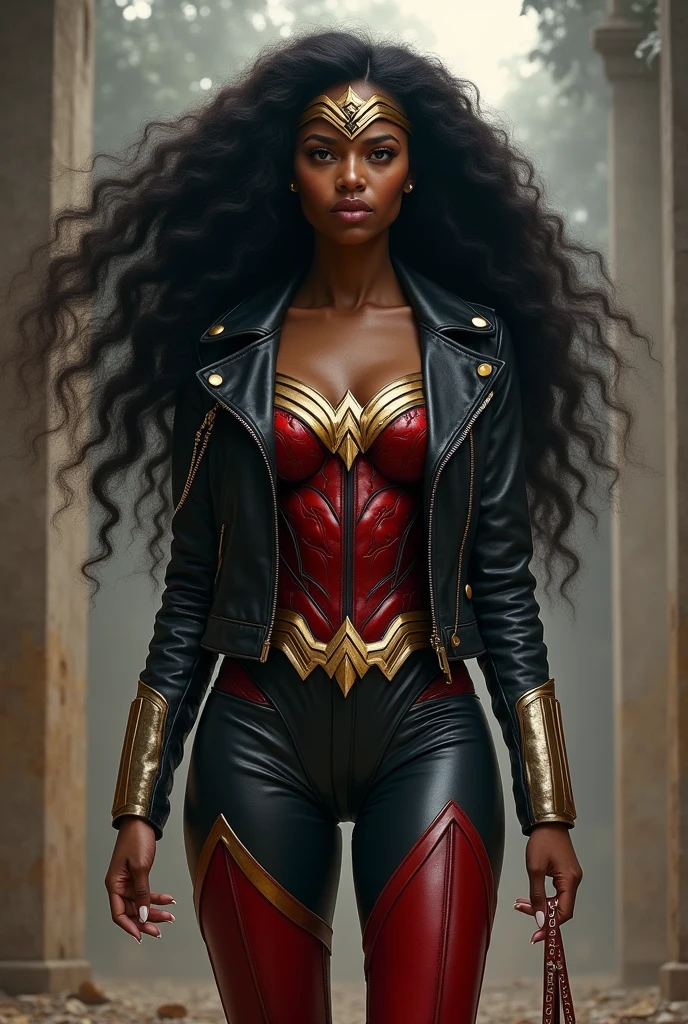 A beautiful black-skinned woman with black Afro Dreadlocks hair under the mantle of the Amazonian warrior Wonder Woman black leather jacket suit and red corset and black leather pants long red boots to the knees Diaema Wonder Woman on her forehead