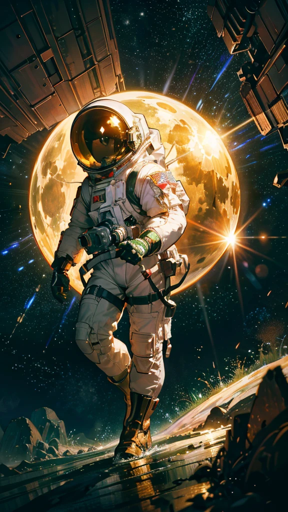 quality\(8k,Highly detailed CG unit wallpaper, masterpiece,High resolution,top-quality,top-quality real texture skin,surreal,Increase the resolution,RAW Photos,highest quality,Very detailed,wallpaper,Cinema Lighting,Ray-tracing,Golden Ratio\), BREAK ,alone,1 Astronaut\(Wearing a space suit, Aimlessly drifting through the galaxy\(dark,beautiful,beautiful stars\),On the Moon\) Gaze at the sun\(beautiful ,dazzling\) Rising from the top of the earth\((beautiful,green:1.4)\),(Long Shot:1.5)