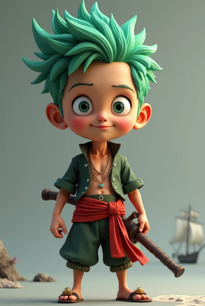 hyper realistic 4D caricature with a super big head, a young Indonesian man, a man with green hair, wearing a one peace character zoro outfit, and a pirate ship, solid gray background, smooth texture, carrying a sword, soft lighting