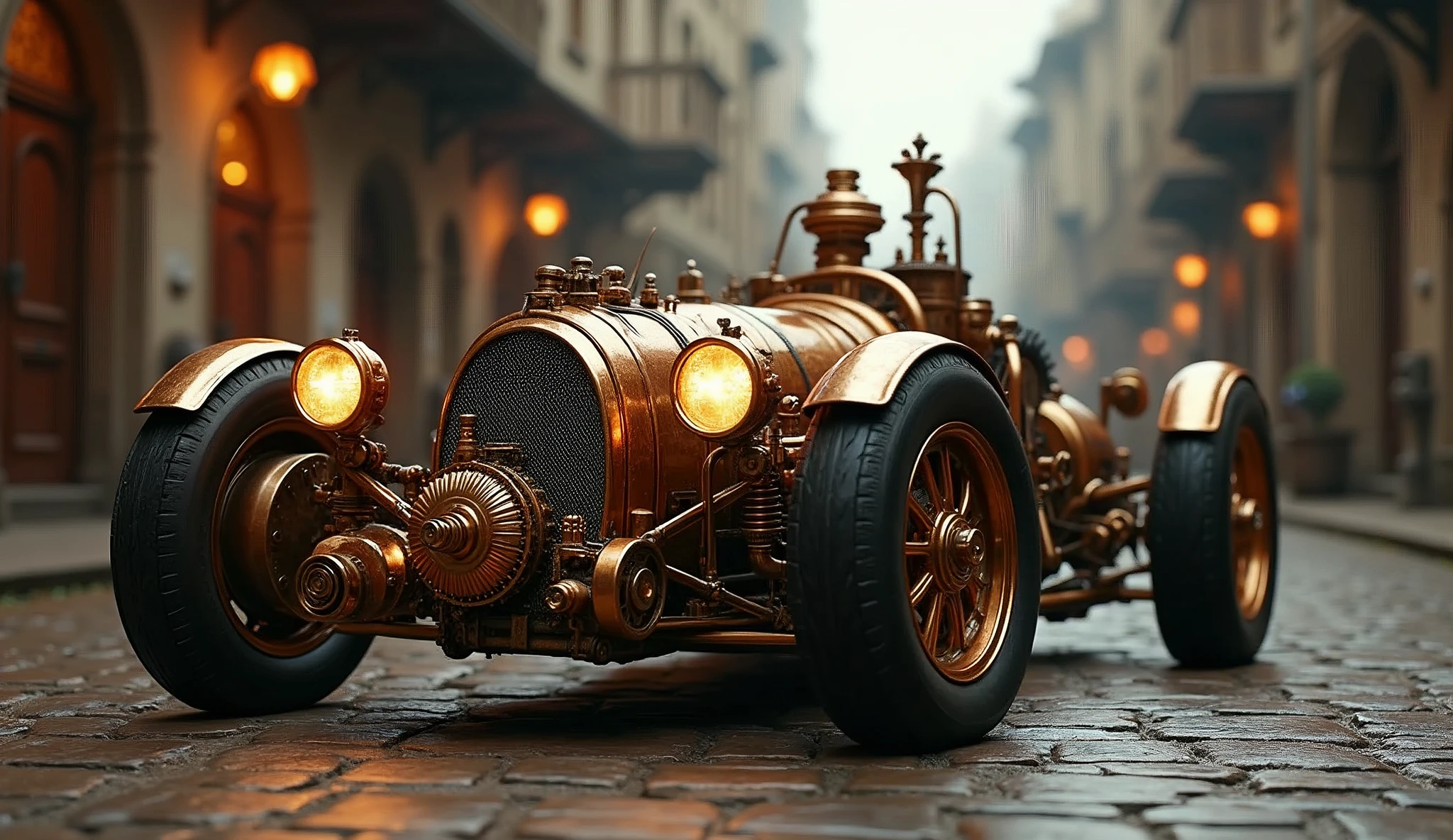1 highly detailed steampunk formula car on medieval street, intricate gears and machinery, copper and brass accents, glowing steam vents, gleaming polished surfaces, dramatic lighting, cinematic camera angle, photorealistic, 8k, ultra-detailed, masterpiece