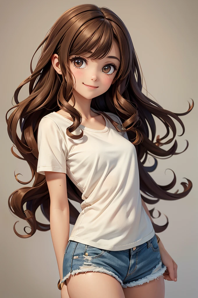 Gal,An illustration,Brown Hair,Plain T-shirt,Shorts,smile,Medium Hair,Curly Hair