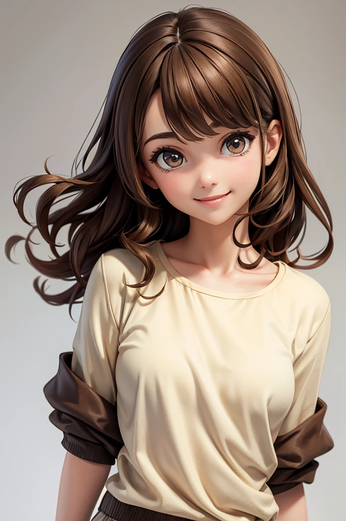 Gal,An illustration,Brown Hair,Plain T-shirt,Shorts,smile,Medium Hair,Curly Hair