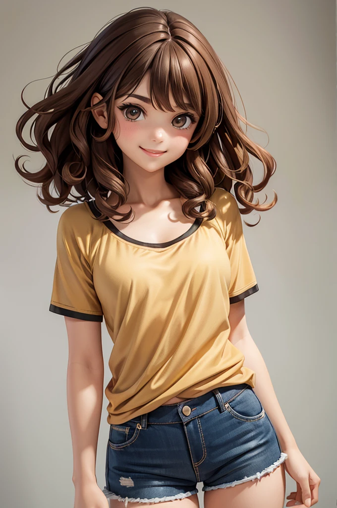 Gal,An illustration,Brown Hair,Plain T-shirt,Shorts,smile,Medium Hair,Curly Hair