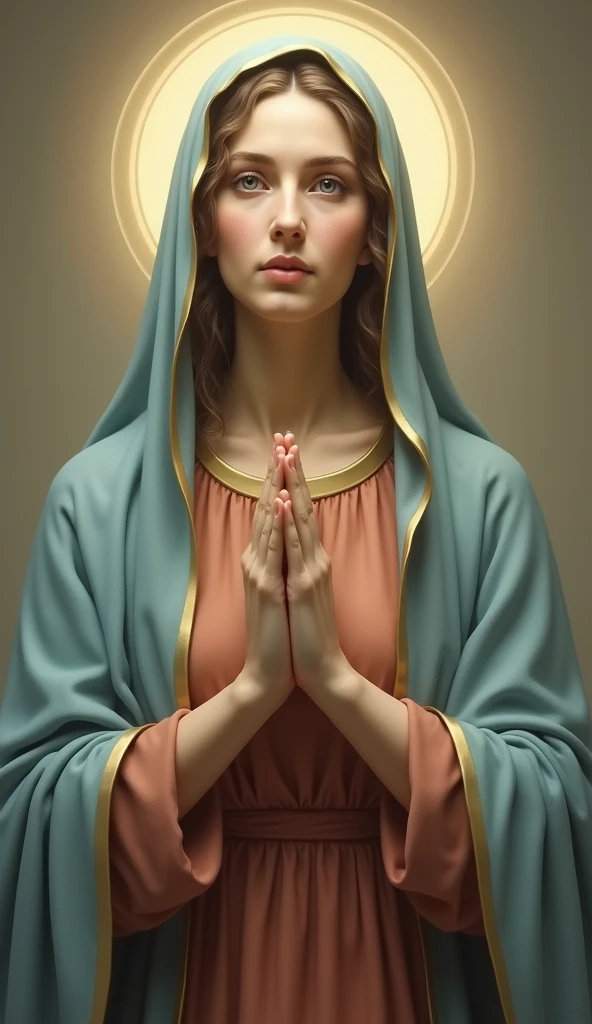 Beautiful Virgin Mary, looking at viewer gently, A reddish beige tunic, Light blue cloak and veil, Halo