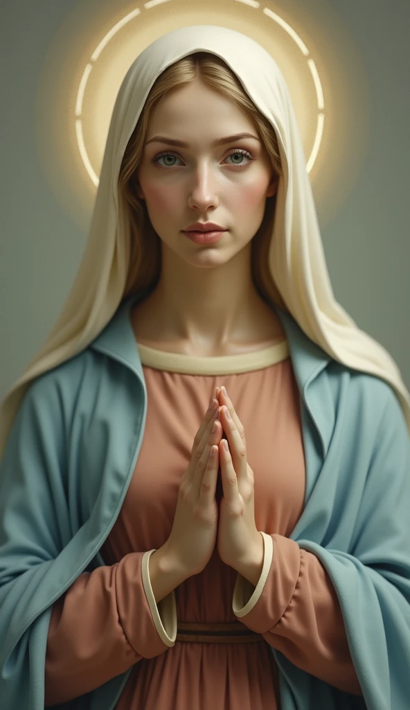 Beautiful Virgin Mary, looking at viewer gently, A reddish beige tunic, Light blue cloak and veil, Halo