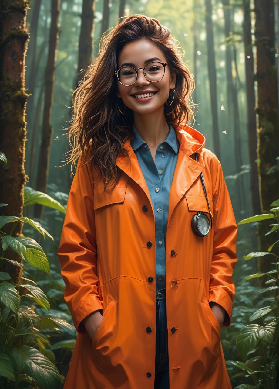 (front view, full body shot photo of the most beautiful artwork in the world featuring a beautiful smiling modern female, horny facial expression), Young and beautiful doctor dressed in a coat made of natural fabrics, with bunches of herbs and flowers in the pockets, sexy eyeglasses, intelligent but exciting look, ((mixed race woman)), sexy, big eyes, (symmetrical hoop earrings), (fantasy forest futuristic look), (neon lights), night, slow motion, (symmetrical), (reflections), orange raincoat, ((intricate detail)), nostalgia, ((heart professional majestic oil painting by Ed Blinkey)), Atey Ghailan, Studio Ghibli, by Jeremy Mann, Greg Manchess, Antonio Moro, (trending on ArtStation), trending on CGSociety, ((Intricate)), ((High Detail)), (8K), Sharp focus, dramatic, stunning god rays, photorealistic painting art by midjourney and greg rutkowski