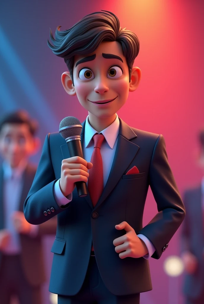 Avatar with the microphone dressed in a full suit, Pixar 3D drawing 