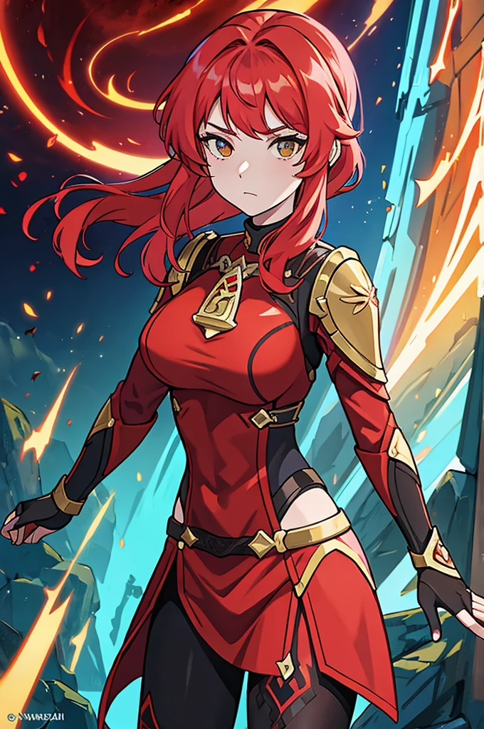 woman with red hair and armor, ayaka genshin impact, ayaka game genshin impact, portrait knights of zodiac girl, female protagonist, cushart krenz key art feminine, valentina remenar, genshin impact character, genshin, cyarine, artgerm and atey ghailan, portrait knight female,(cowboy shot),looking at viewer,