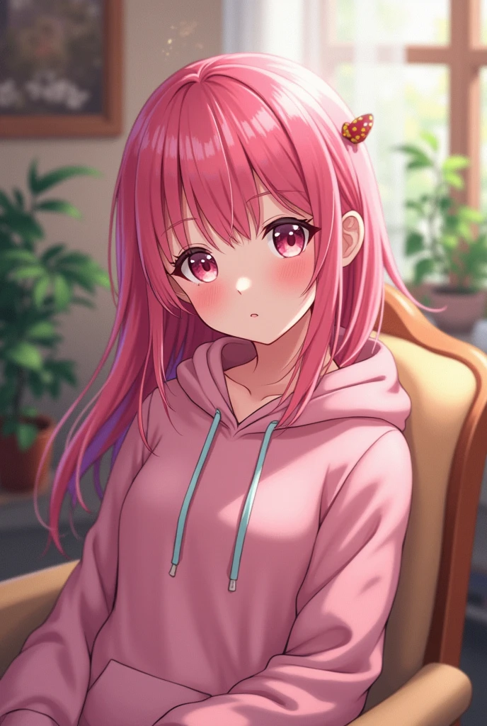Anime girl, pink hair, pink eyes, wearing hoodie, sitting on chair, home background, myth