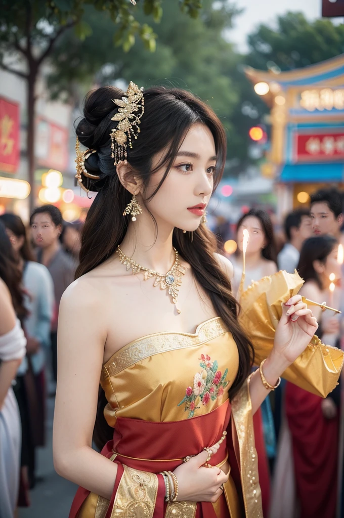 (((best quality))),(((ultra detailed))),(((masterpiece))),illustration,
((1 beautiful young girl,solo)),(bun hair:1.2)((slim,thin)),((small breasts,flat chest)),attractive, traditional Chinese attire,(Gorgeous and intricate headdress:1.3),((earrings,intricate necklace)),(strapless Exquisite embroidered maxi sleeveless sparkled dress:1.3),(slender legs:1.2),(standing:1.3),vibrant patterns, radiant complexion, joyful expression,(temple fair:1.3), bustling atmosphere, summer afternoon, sunny weather, cultural festival, street food, roasted skewers, steaming dumplings, sweet cotton candy, stalls, crafts, clothing, appreciative onlookers, sunset, ancient tradition, modern beauty, captivating scene, enchanting,(day scene:1.2),(surrounded by crowded crowds:1.3),((from front,upper body))