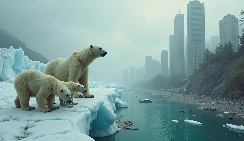 An artistic representation of global warming’s impact, featuring a split scene. One side shows a melting glacier with polar bears struggling to find ice, while the other side depicts a city experiencing extreme heatwaves and rising sea levels. The contrast emphasizes the urgent need for action, 32K, extreme highly detail